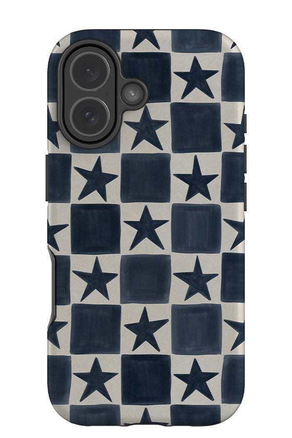 Small star check tough phone case with hand painted blue and white checks and stars