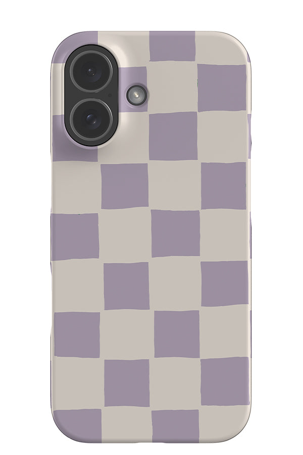 Soft check snap phone case with a hand drawn check pattern in lilac and beige