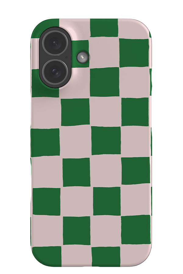 Soft check snap phone case with a hand drawn check pattern in green and beige