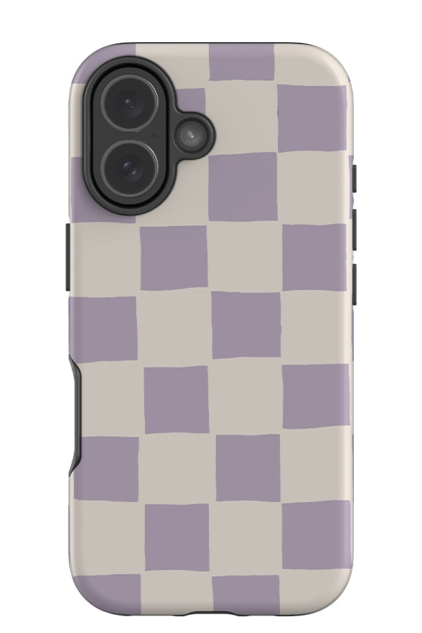 Soft check tough phone case with a hand drawn check pattern in lilac and beige