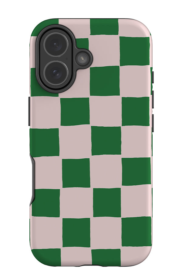 Soft check tough phone case with a hand drawn check pattern in green and beige