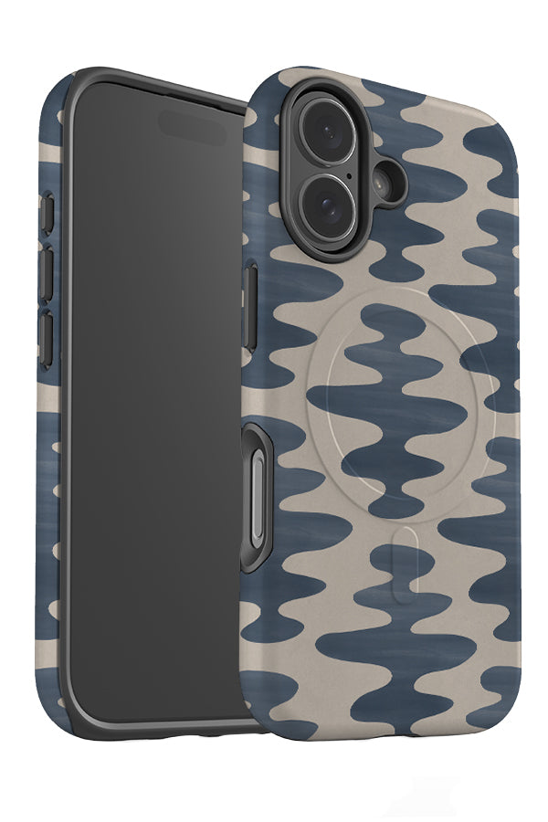 Soft curve MagSafe phone case angle detail with a waving pattern in beige and blue