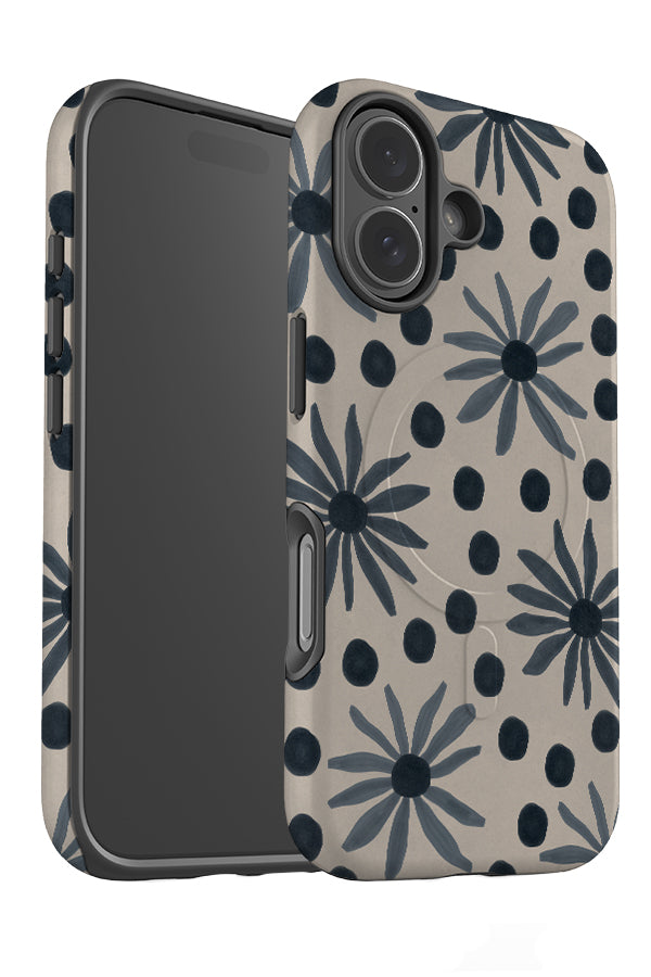 soft daisy dot MagSafe phone case angle detail with blue hand painted flowers and polka dots
