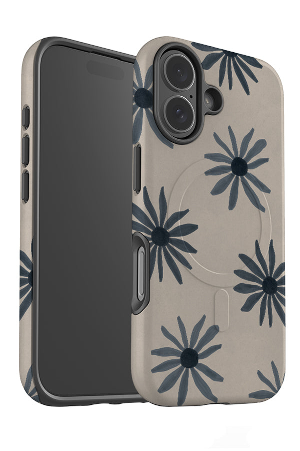 Soft daisy MagSafe phone case angle detail with blue hand painted flowers on a beige background