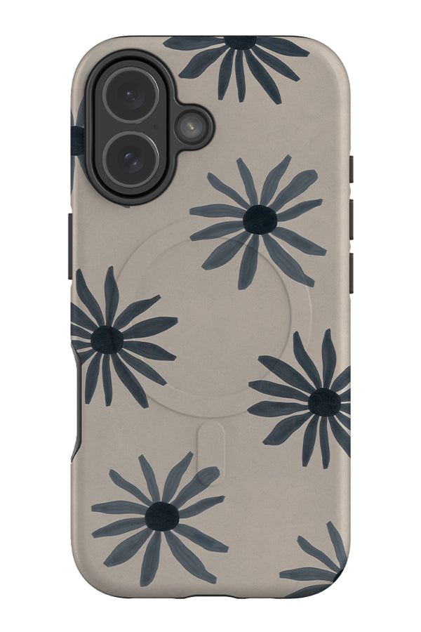 Soft daisy MagSafe phone case with blue hand painted flowers on a beige background
