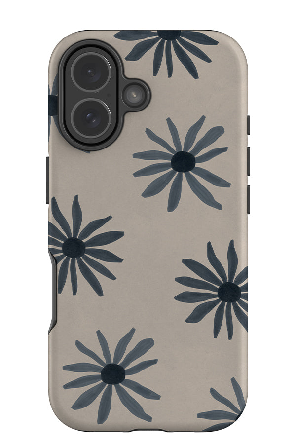 Soft daisy tough phone case with blue hand painted flowers on a beige background