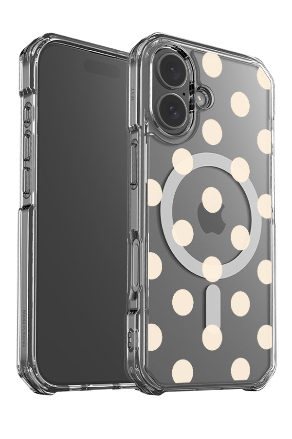 Soft dots clear impact MagSafe phone case angle detail with a uniform polka dot design in beige