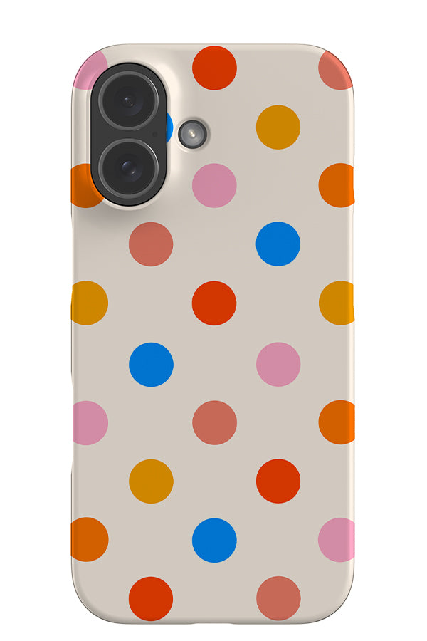 Soft dots snap phone case with a white base colour and multicolour uniform polka dots