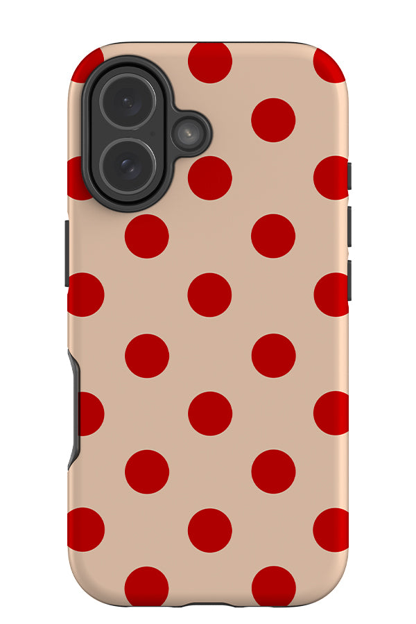 Soft dots tough phone case with a beige base colour and red uniform polka dots