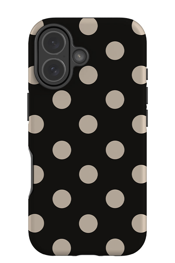 Soft dots tough phone case with a black base colour and beige uniform polka dots