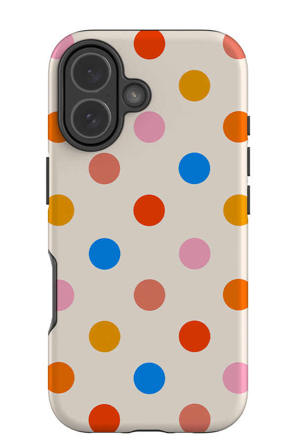 Soft dots tough phone case with a white base colour and multicolour uniform polka dots