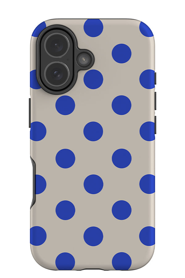 Soft dots tough phone case with a beige base colour and blue uniform polka dots