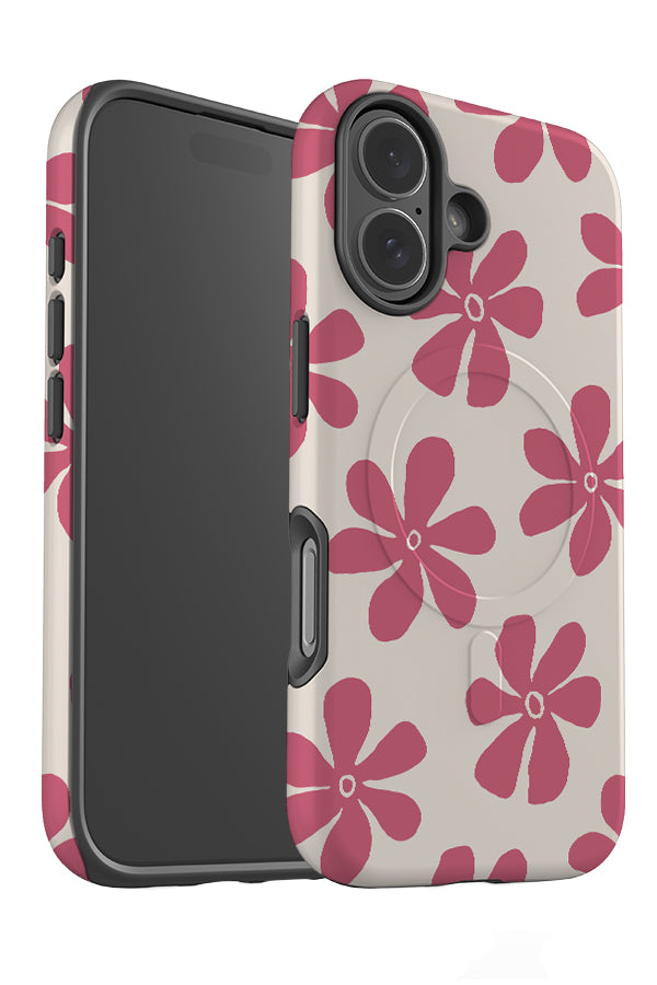 Soft flora daisy MagSafe phone case angle detail with pink hand drawn daisies on a beige background