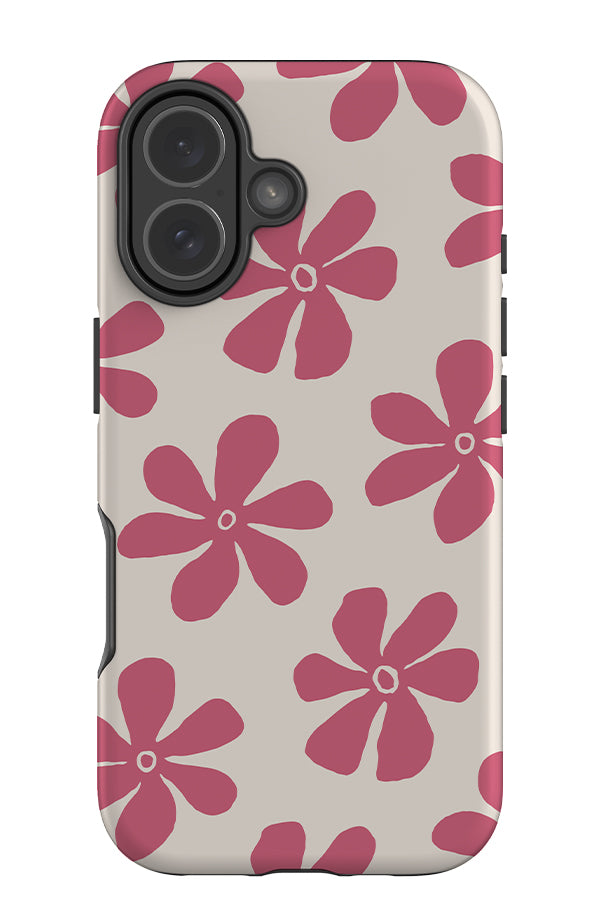 Soft flora daisy tough phone case with pink hand drawn daisies on a white background