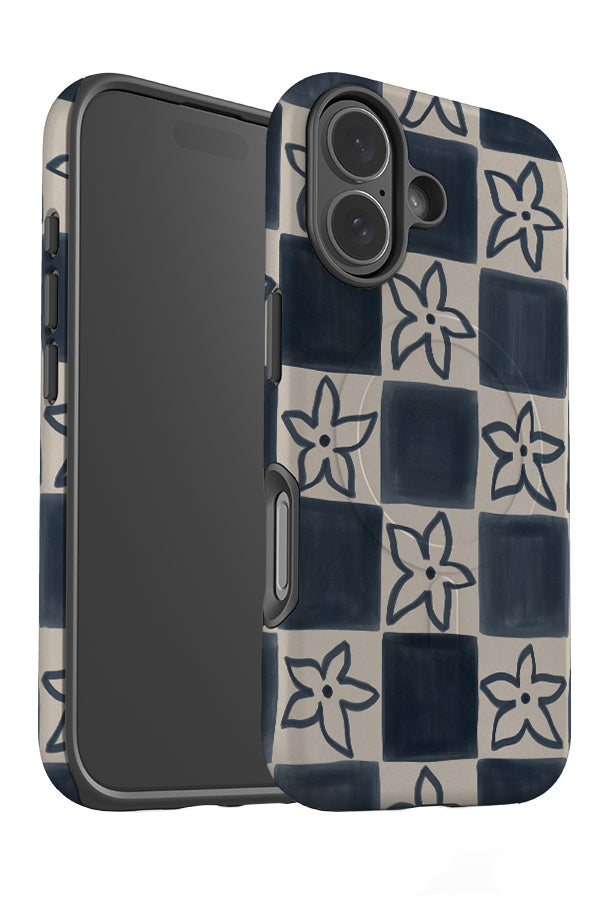 Soft flower check MagSafe phone case angle detail with hand painted checks and flowers in blue and beige