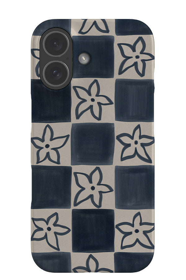Soft flower check snap phone case with hand drawn blue cheks and flowers