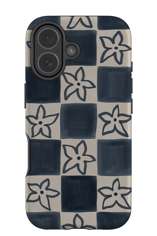 Soft flower check tough phone case with hand drawn blue cheks and flowers