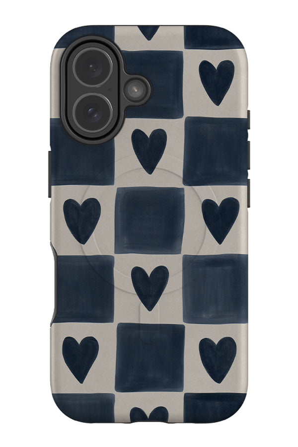 Soft heart check MagSafe phone case with hand painted blue and beige checks with hearts