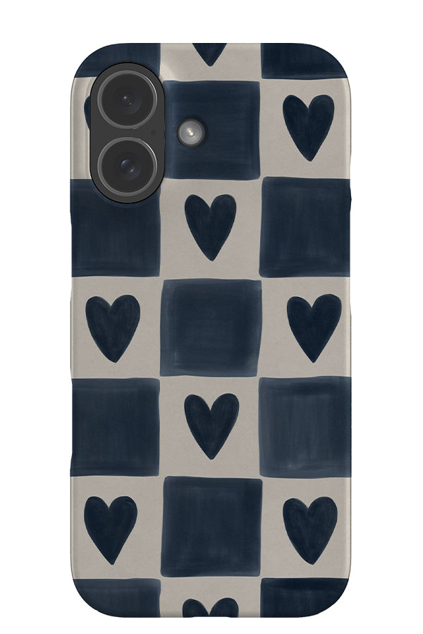 Soft heart check snap phone case with beige and blue hand drawn checks and hearts