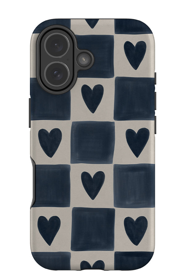 Soft heart check tough phone case with beige and blue hand drawn checks and hearts
