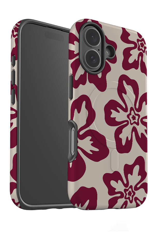 Soft hibiscus MagSafe phone case angle detail with red hibiscus flowers on a white background