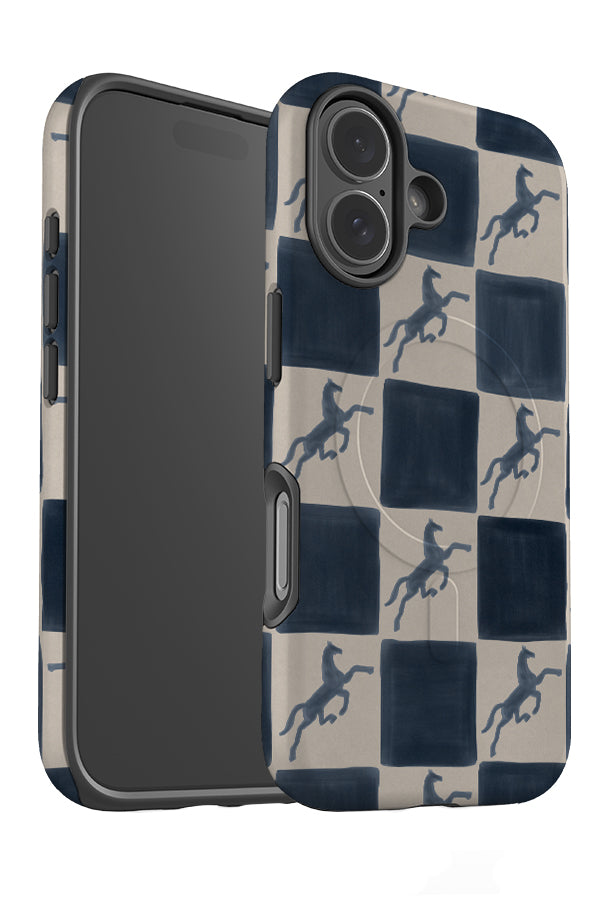 Soft horse check MagSafe phone case angle detail with blue and beige check and prancing horse illustrations