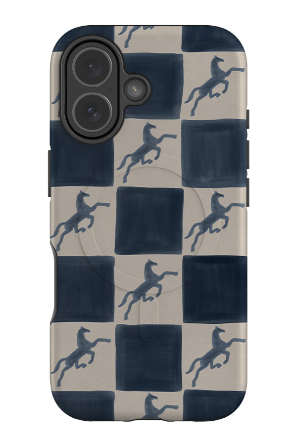 Soft horse check MagSafe phone case with blue and beige check and prancing horse illustrations