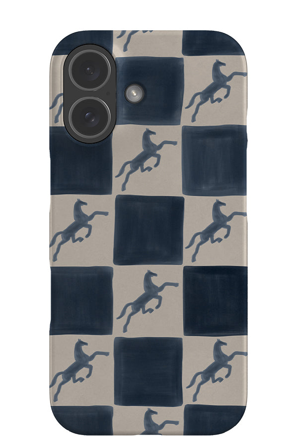 Soft horse check snap phone case with blue and beige check and prancing horse illustrations