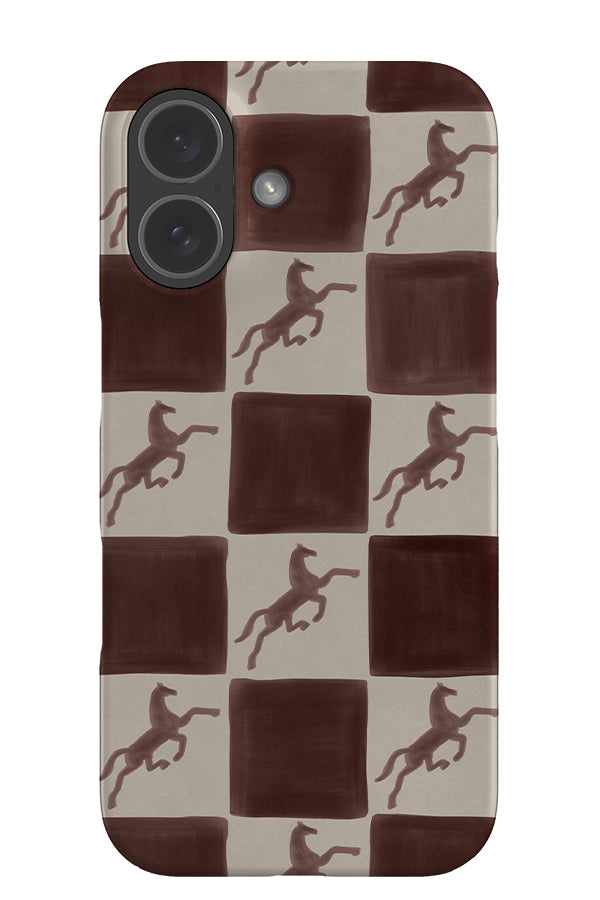 Soft horse check snap phone case with brown and beige check and prancing horse illustrations