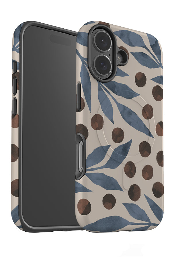 soft leaf dot MagSafe phone case angle detail with blue large leaves and brown polka dots
