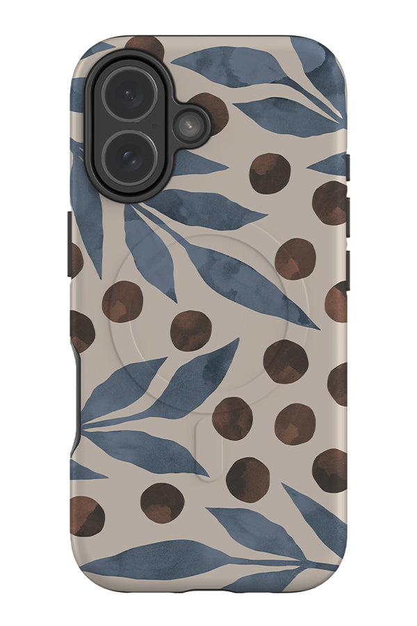 soft leaf dot MagSafe phone case with blue large leaves and brown polka dots