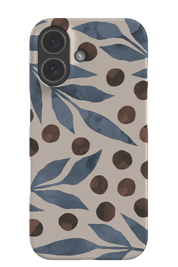 soft leaf dot snap phone case with blue large leaves and brown polka dots