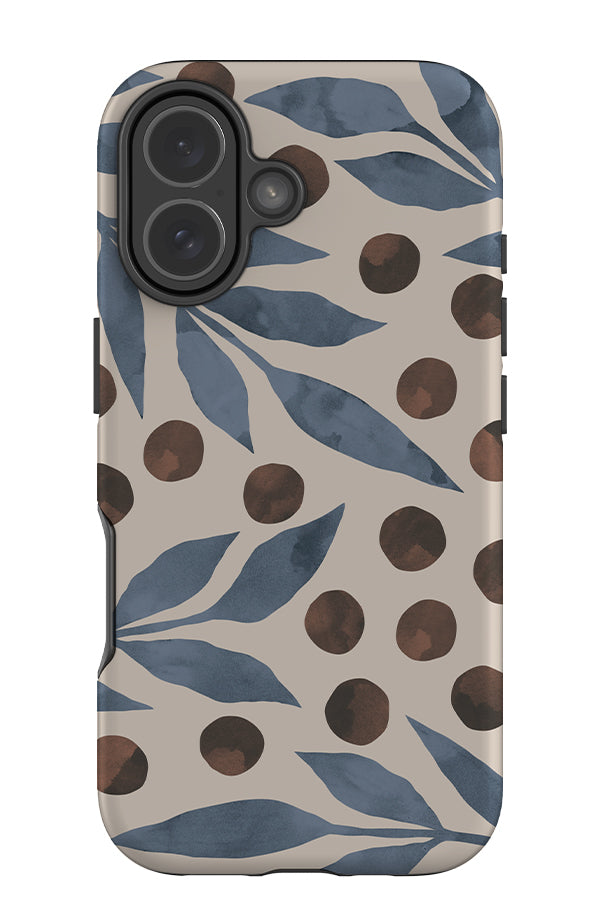soft leaf dot tough phone case with blue large leaves and brown polka dots