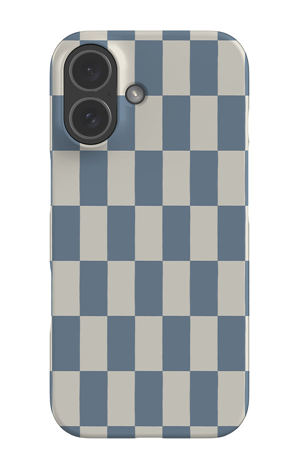 Soft long check snap phone case with a rectangle check pattern in blue and off white