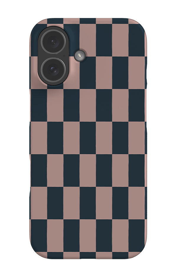 Soft long check snap phone case with a rectangle check pattern in pink and blue