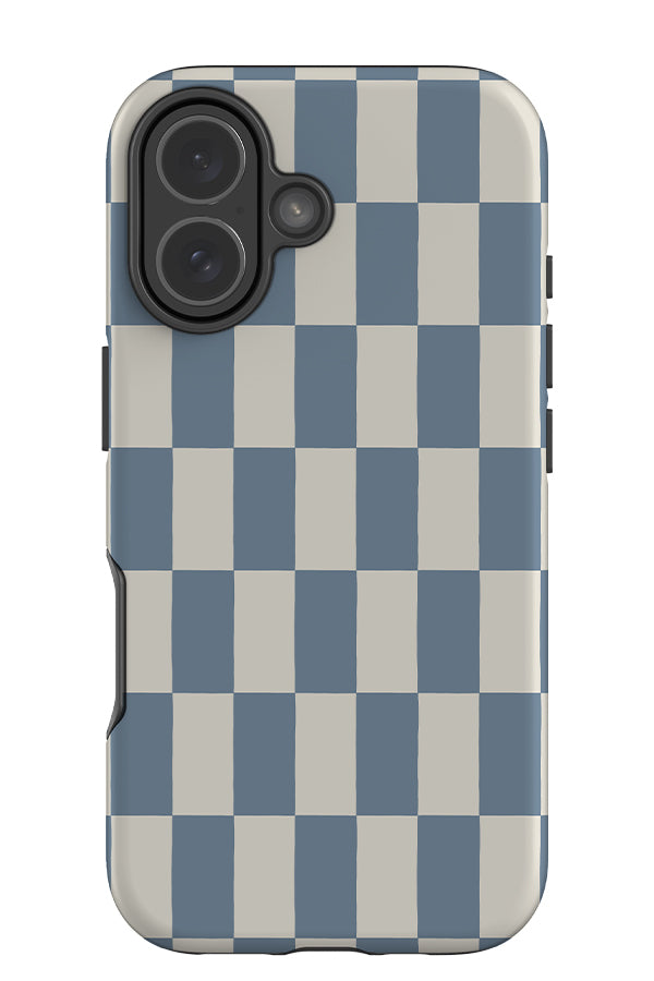 Soft long check tough phone case with a rectangle check pattern in blue and off white