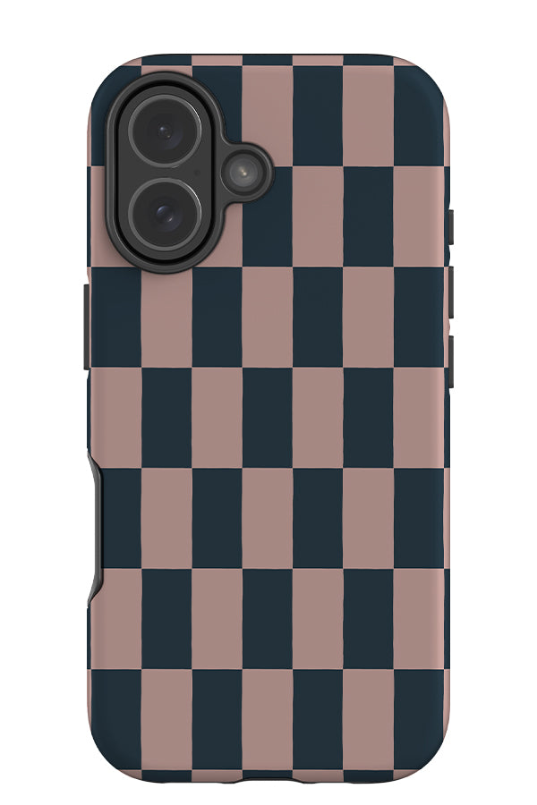 Soft long check tough phone case with a rectangle check pattern in pink and blue