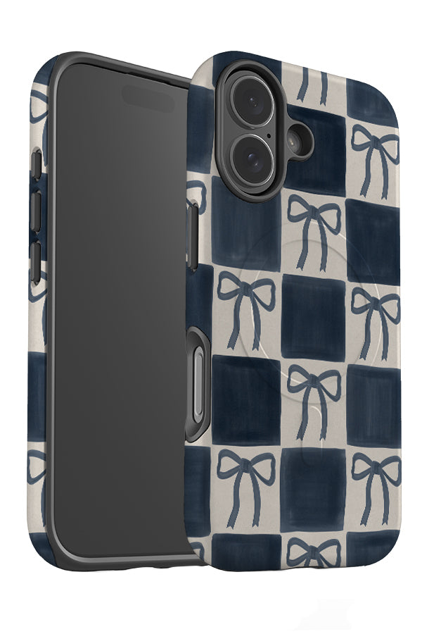 soft marker bow check MagSafe phone case angle with a blue and beige checkered pattern and bows