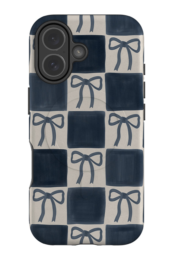 soft marker bow check MagSafe phone case with a blue and beige checkered pattern and bows
