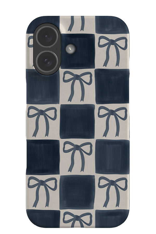 soft marker bow check snap phone case with a blue and beige checkered pattern and bows