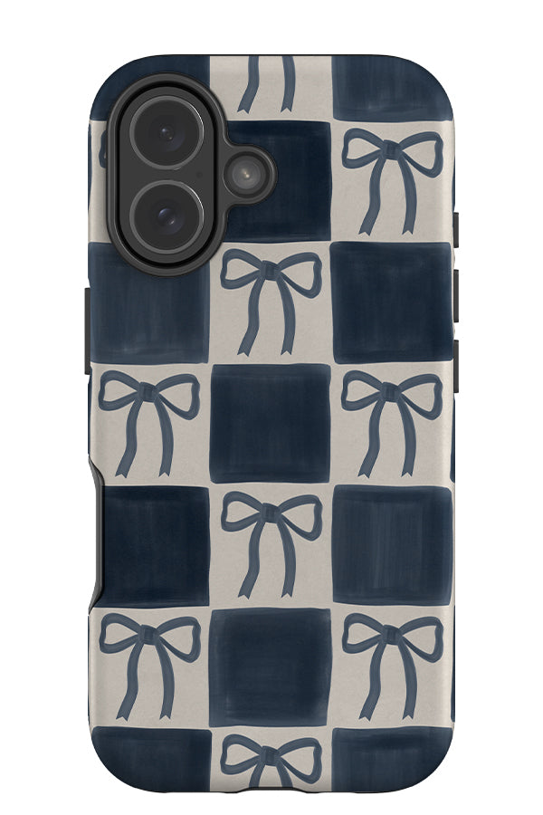 soft marker bow check tough phone case with a blue and beige checkered pattern and bows