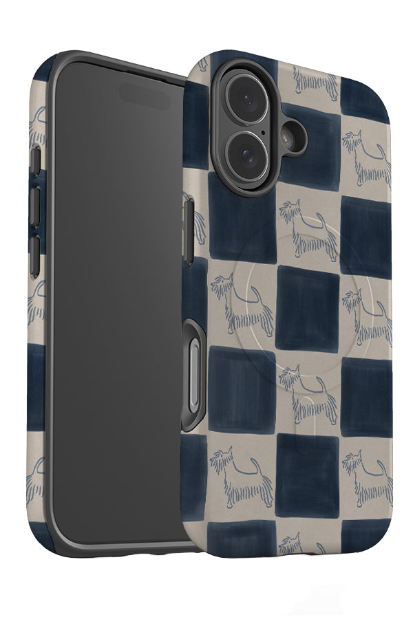 soft marker dog check MagSafe phone case angle with a beige and blue checkered pattern and line art dogs