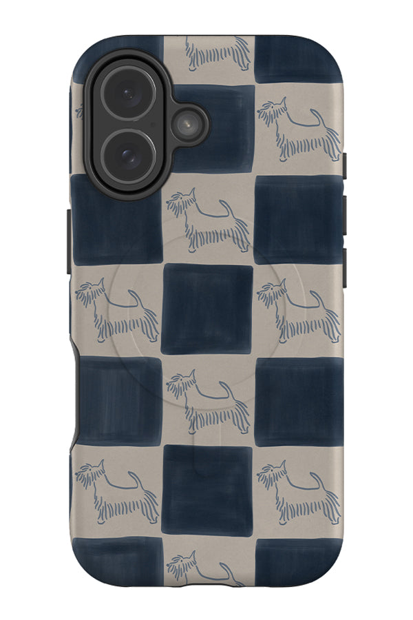 soft marker dog check MagSafe phone case with a beige and blue checkered pattern and line art dogs