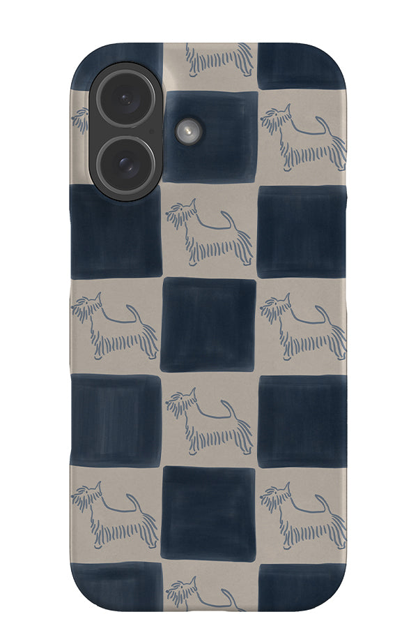 soft marker dog check snap phone case with a beige and blue checkered pattern and line art dogs