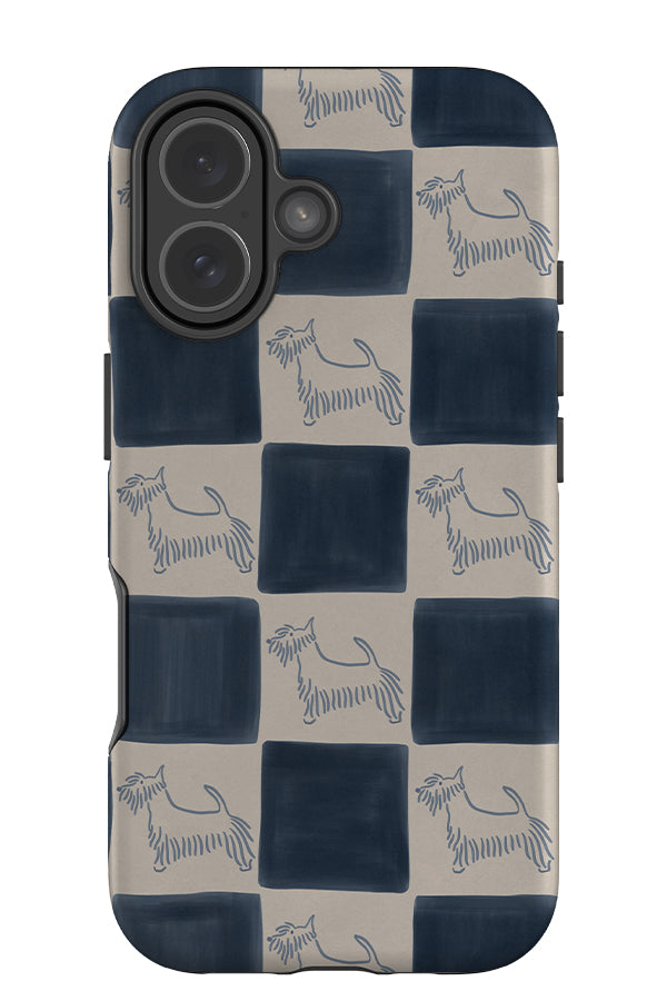soft marker dog check tough phone case with a beige and blue checkered pattern and line art dogs