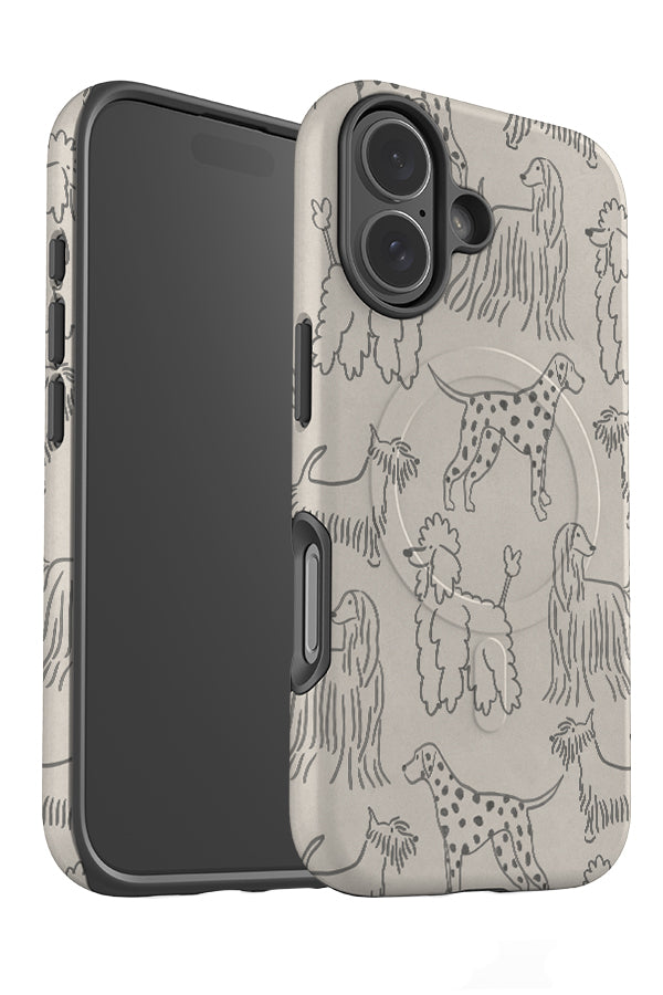 soft marker dog scatter MagSafe phone case angle with a beige base colour and black line art dogs