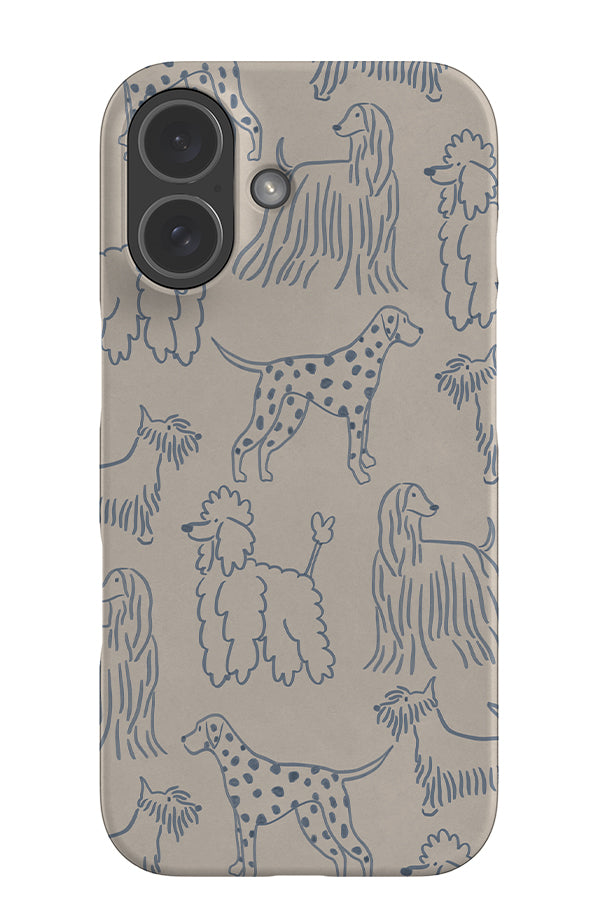 soft marker dog scatter snap phone case with a beige base colour and blue line art dogs