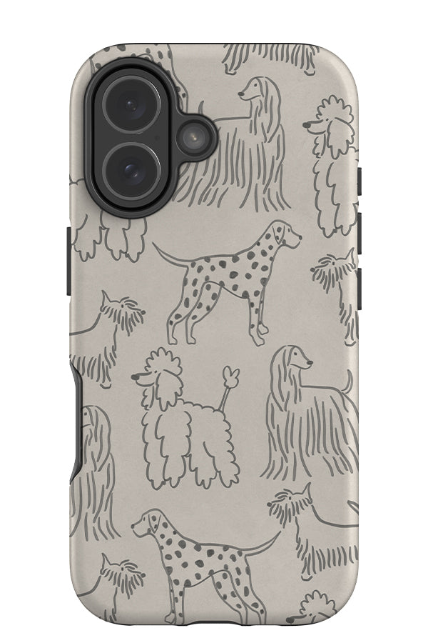 soft marker dog scatter tough phone case with a beige base colour and black line art dogs