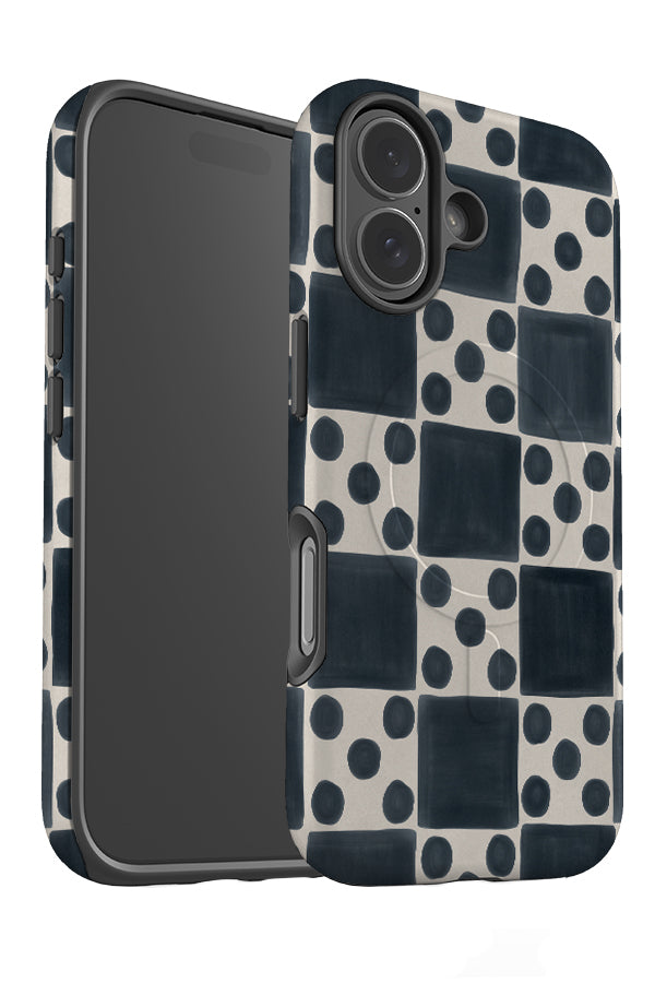 soft marker dot check magsafe phone case angle with a blue checkered and polka dot pattern