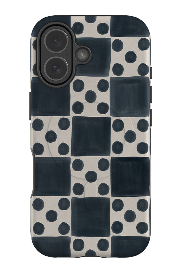 soft marker dot check magsafe phone case with a blue checkered and polka dot pattern